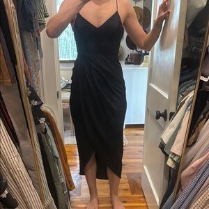 Black Midi Slip Dress with Spaghetti Straps for Cocktail